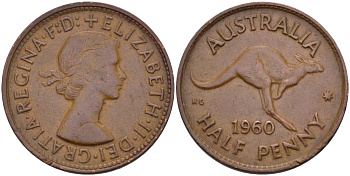Австралия 1/2 пенни 1960 p, Елизавета II (1953- ), кенгуру KM 61 бронза 67-1235