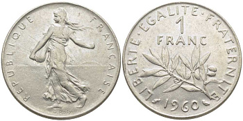 ФРАНЦИЯ 1 ФРАНК 1960 СЕЯТЕЛЬ KM 925.1, LE FRANC 226.4 никель 175-515