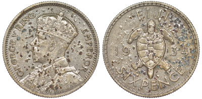 Фиджи 6 пенсов 1934 Георг V (1910-1936), черепаха KM 3 серебро    4606-114