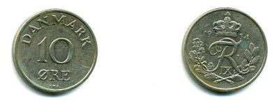 ДАНИЯ 10 ЭРЕ 1954 N; S, ФРЕДЕРИК IX (1947-1972) KM 841.1 медно-никель 46-123