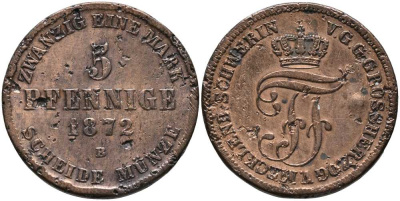 Мекленбург-Шверин 5 пфеннигов 1872 В, Фридрих Франц II (1842-1883) KM 317 (C104), Jaeger 62, AKS 45 медь 117-514