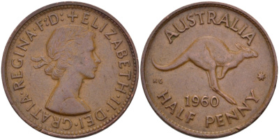 Австралия 1/2 пенни 1960 p, Елизавета II (1953- ), кенгуру KM 61 бронза 67-1235