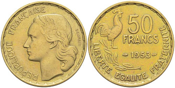 ФРАНЦИЯ 50 ФРАНКОВ 1953 ПЕТУХ KM 918.1, LE FRANC 425.10 алюминиевая бронза 215-641