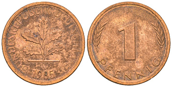 ФРГ 1 пфенниг 1985 J KM 105, J. 380 сталь плакированная медью aUNC 4615-322