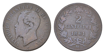 Италия 2 чентезимо 1861 M, Виктор Эммануил II (1861-1878) KM 2.1 медь 4580-1147