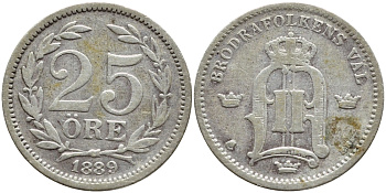 Швеция 25 эре 1889 EB, Оскар II (1872-1907) король Швеции и Норвегии KM 739 серебро 1530-613