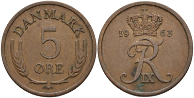 Дания 5 эре 1963 C; S, Фредерик IX (1947-1972) KM 848.1 бронза 4525-155
