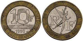 Франция 10 франков 1990 тип Гений Бастилии KM 964.1, Le Frank 375.5 биметалл 4138-331