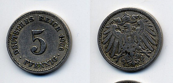 ГЕРМАНИЯ 5 ПФЕННИГОВ 1906 A, KM 11, J. 12 медно-никель 84-369