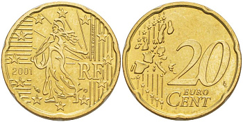 Франция 20 евроцентов 2001 KM 1286 латунь UNC 4544-623