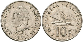 Французская Новая Каледония 10 франков 1996 рыбачья парусная лодка, (IEOM) KM 11, Schoen 13, Lec 99a никель 54-2146
