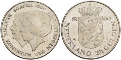 Нидерланды 2 1/2 гульдена 1980 коронация Беатрикс, 30 апреля 1980 KM 201 никель 38-116