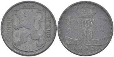 БЕЛЬГИЯ 1 ФРАНК 1942 BELGIQUE-BELGIE, ГЕРМАНСКАЯ ОККУПАЦИЯ, ВТОРАЯ МИРОВАЯ ВОЙНА KM 127 цинк 213-317