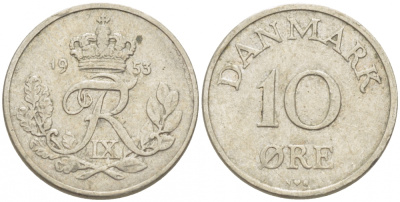 Дания 10 эре 1953 N; S, Фредерик IX (1947-1972) KM 841.1 медно-никель 3309-139