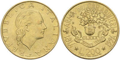 Италия 200 лир 1994 R, 180 лет карабинерам KM 164 алюминиевая бронза 4126-123
