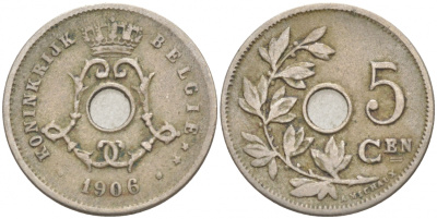 Бельгия 5 сантимов 1906 Belgie, Леопольд II (1865-1909) KM 55 медно-никель 4549-1028
