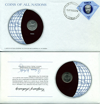 Тонга 5 сенити 1977 конверт с маркой первого дня гашения, Coins of Nations KM 44 медно-никель UNC 4294-50-1