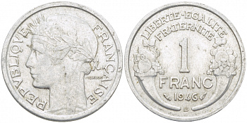 ФРАНЦИЯ 1 ФРАНК 1946 В KM 885а.2 алюминий 4402-916