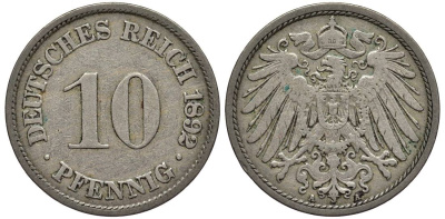 ГЕРМАНИЯ 10 ПФЕННИГОВ 1892 A KM 12, Jager 13, Weege 8 медно-никель 4513-753