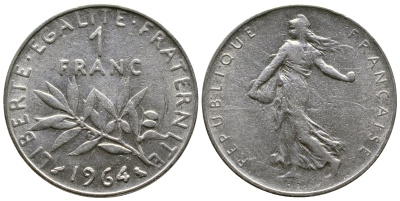 Франция 1 франк 1964 сеятель KM 925.1, Le Franc 226.8 никель 51-4342