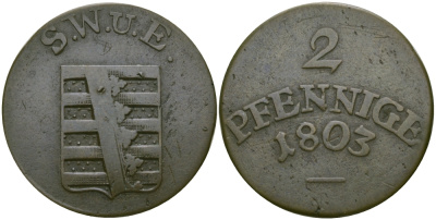 Саксен-Веймар-Эйзенах 2 пфеннига 1803 S.W.U.E., Карл Август (1758-1809-1828) KM 58 с, Slg. Merseburger 4012, Koppe 615 медь    65-541