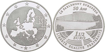 Франция 1 1/2 евро 2008 50 лет Европейскому парламенту KM 1532 серебро PROOF 1076-5-53