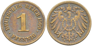 ГЕРМАНИЯ 1 ПФЕННИГ 1909 F KM 10, Jager. 10, Weege 2 медь 4528-1257