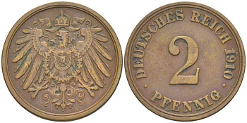 ГЕРМАНИЯ 2 ПФЕННИГА 1910 A KM 16, J. 11, Weege 4 медь 206-553
