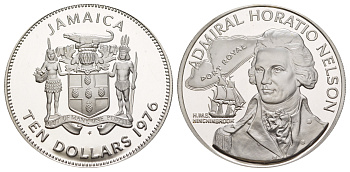 Ямайка 10 долларов 1976 Адмирал Горацио Нельсон KM 71a серебро PROOF 1079-8-23
