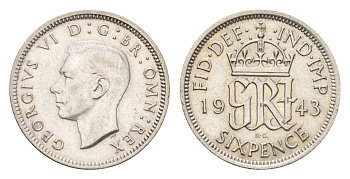 Великобритания 6 пенсов 1943 Георг VI (1936-1952) KM 852, Spink 4084 серебро 4674-1037