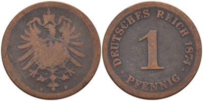 ГЕРМАНИЯ 1 ПФЕННИГ 1874 D, СТАРОГЕРБОВКА KM 1, J. 1 медь 100-268