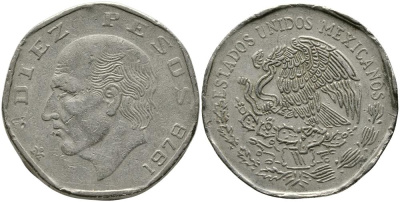 МЕКСИКА 10 ПЕСО 1978 МАНУЭЛЬ ХИДАЛЬГО КАСТИЛЬЯ KM 477.2 медно-никель 114-812