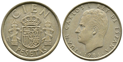 Испания 100 песет 1986 Хуан Карлос I (1975-2014) KM 826 алюминиевая бронза 176-954