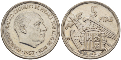 Испания 5 песет 1957 (75) Франсиско Франко (1939-1975) KM 786 медно-никель 67-917