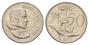 ЮАР 50 центов 1966 Ян ван Рибек (1619-1677), South Africa, легенда на английском, Зантедеския Эллиота (калла) KM 70.1 никель 4604-925
