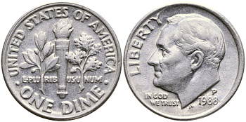 США 10 ЦЕНТОВ = 1 ДАЙМ 1988 P, РУЗВЕЛЬТ KM 195а медь плакированная медно-никелем 46-2424