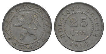 Бельгия 25 сантимов 1918 германская оккупация Первая мировая война, Альберт I (1909-1934) KM 82 цинк 4156-1026