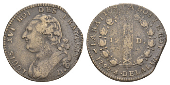 Франция 12 денье 1792 D, Людовик XVI (1774-1792) KM 600 бронза 5010-411