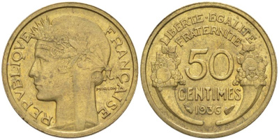 ФРАНЦИЯ 50 САНТИМОВ 1936 ТИП MORLON KM 894.1, LE FRANC 192.12 алюминиевая бронза 44-739
