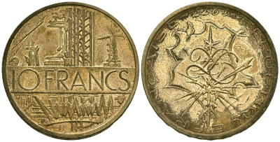 Франция 10 франков 1977 тип Матье KM 940, Le Franc 365.9-10 никель латунь 4168-1036