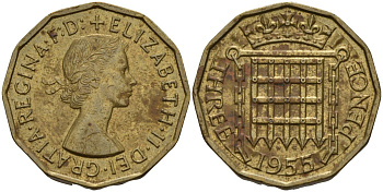 Великобритания 3 пенса 1955 Елизавета II (1952-2022) KM 900, Spink 4153 никель латунь 4153-733