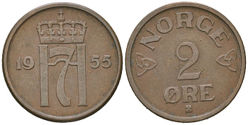 Норвегия 2 эре 1955 Хокон VII (1905-1957) KM 399 бронза 3955-166