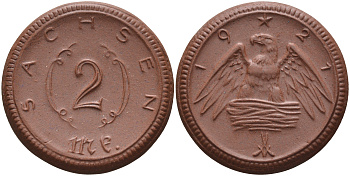 Саксония 2 марки 1921 J. N 56 фарфор 1094-1-25