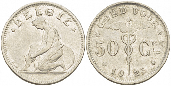БЕЛЬГИЯ 50 САНТИМОВ 1923 BELGIE KM 88 никель 261-1654