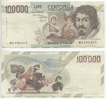 Италия 100000 лир 1983 Караваджо, фруктовый букет, подпись Speziali Pick 110b бумага 7220-10-3