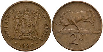 ЮАР 2 цента 1980 герб, антилопа гну KM 83 бронза 4156-931