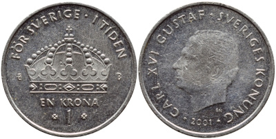 Швеция 1 крона 2001 Карл XVI Густав (1973- ) KM 894 медно-никель 4364-2635