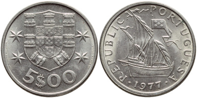 ПОРТУГАЛИЯ 5 ЭСКУДО 1977 ПАРУСНИК KM 591 медно-никель UNC 4395-912
