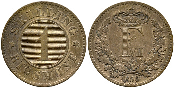 ДАНИЯ 1 СКИЛЛИНГ 1856 ФРЕДЕРИК VII (1848-1863) KM 763 (C135) бронза 67-223