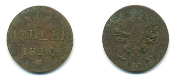 Франкфурт 1 геллер 1820 GB AKS 30, Jaeger 10, KM 301 медь 54-622